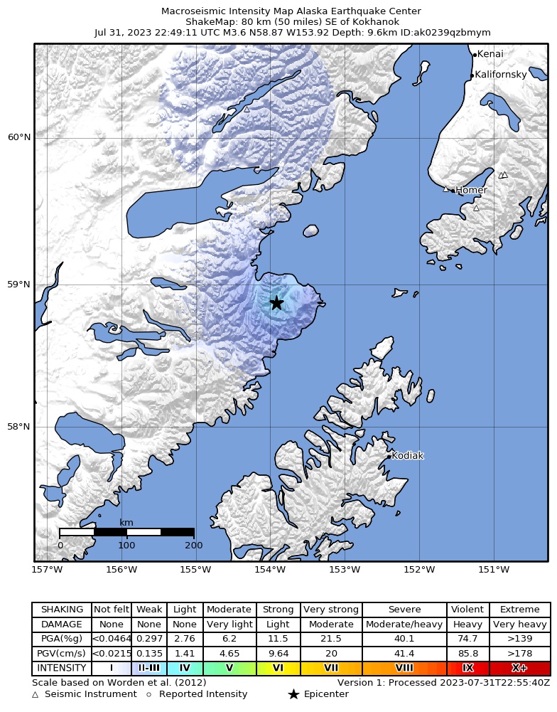 USGS ShakeMap intensity contours for the M3.5 earthquake near 78 km SE of Kokhanok, Alaska
