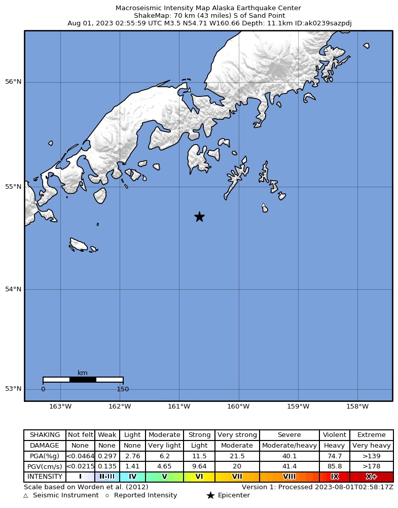 USGS ShakeMap: estimated shaking intensity around the epicenter