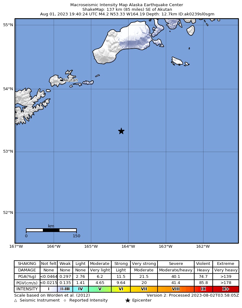 USGS ShakeMap intensity contours for the M4.5 earthquake near 139 km SE of Akutan, Alaska