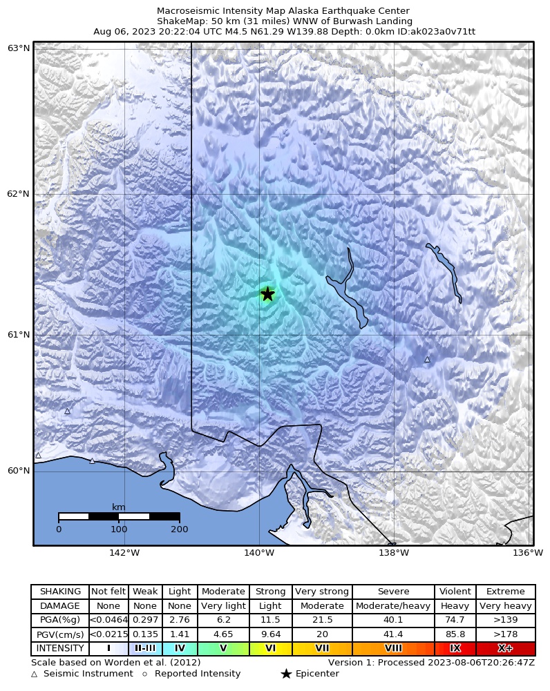USGS ShakeMap intensity contours for the M4.8 earthquake near 157 km E of McCarthy, Alaska