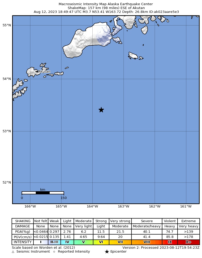 USGS ShakeMap intensity contours for the M4.2 earthquake near Unimak Island region, Alaska