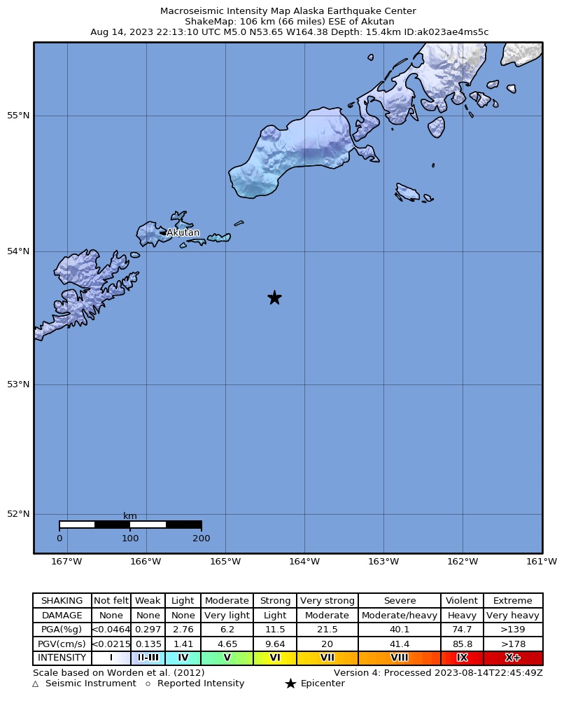 USGS ShakeMap intensity contours for the M5.0 earthquake near 101 km ESE of Akutan, Alaska
