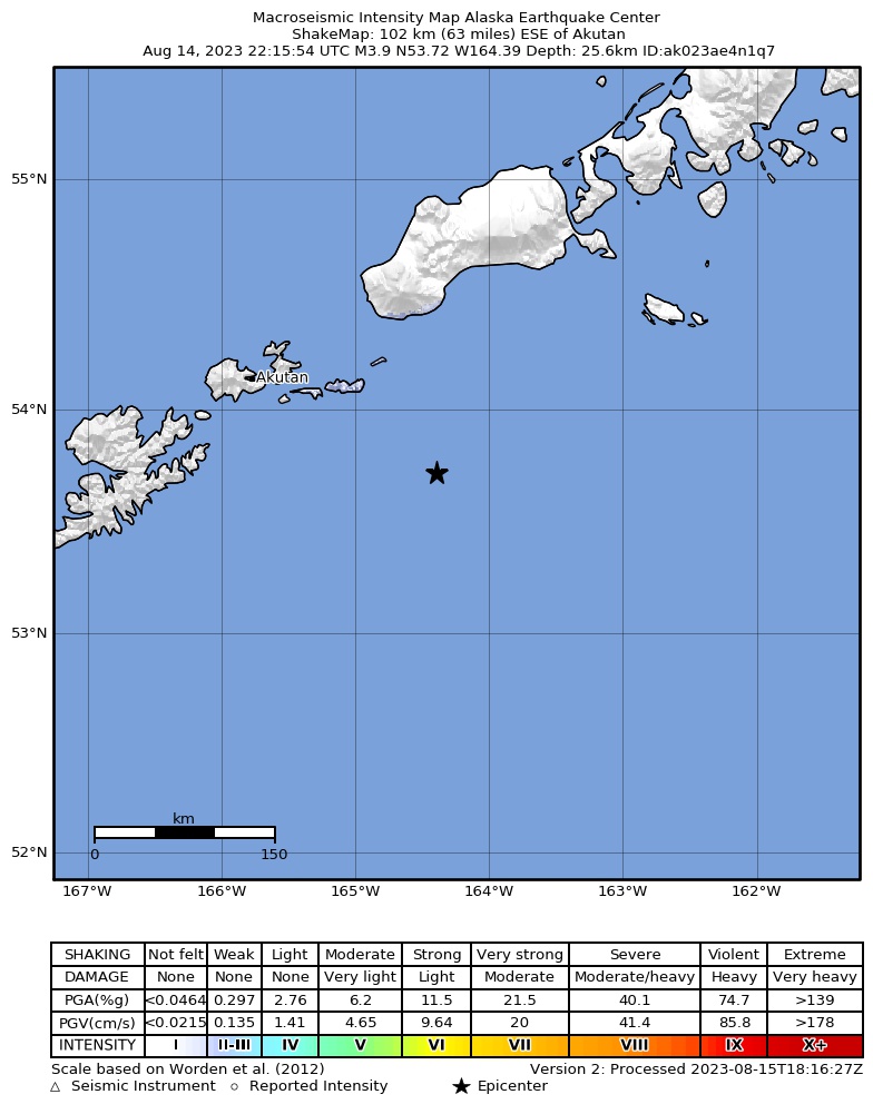 USGS ShakeMap intensity contours for the M4.2 earthquake near 100 km ESE of Akutan, Alaska