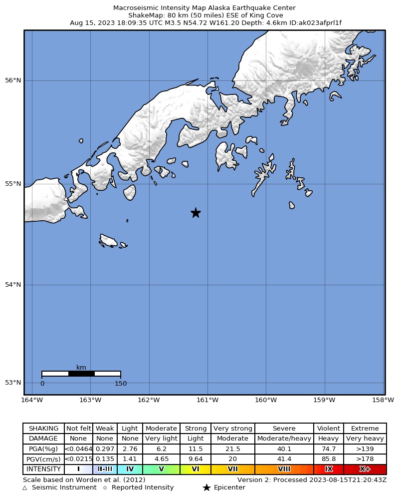 USGS ShakeMap intensity contours for the M4.0 earthquake near Alaska Peninsula