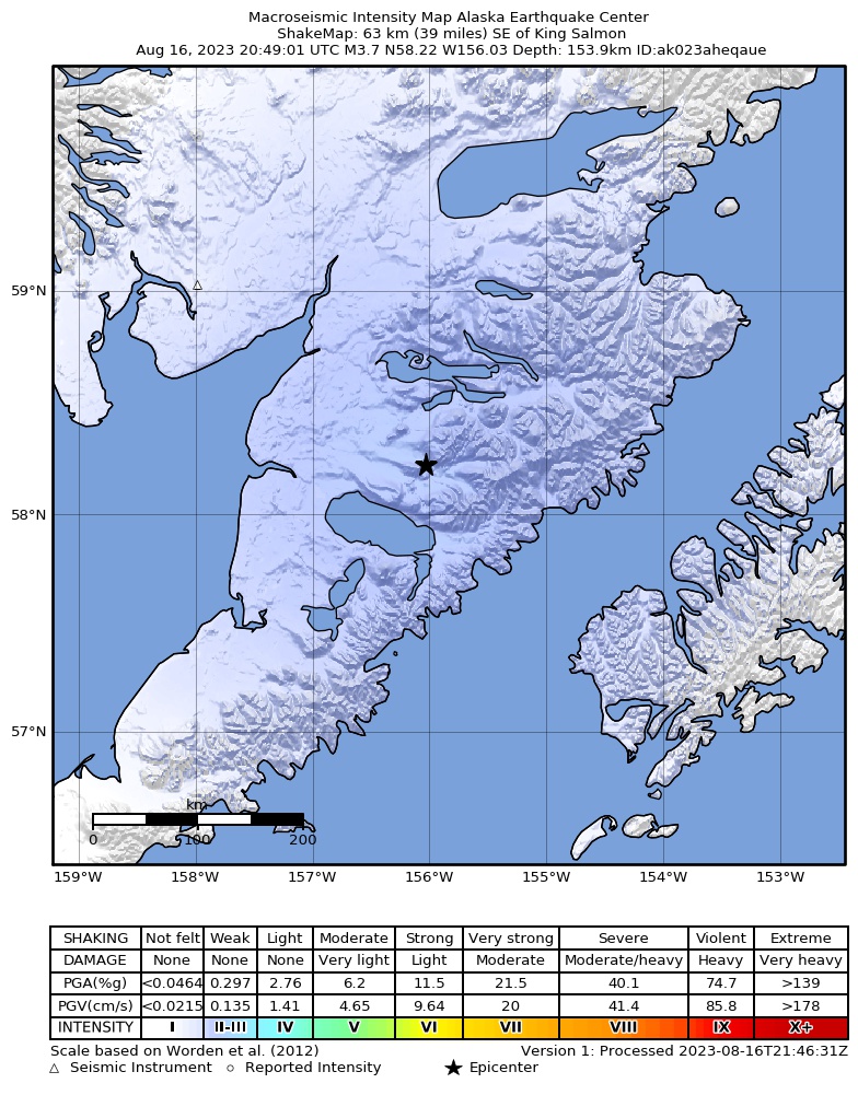 USGS ShakeMap intensity contours for the M3.7 earthquake near 62 km SE of King Salmon, Alaska