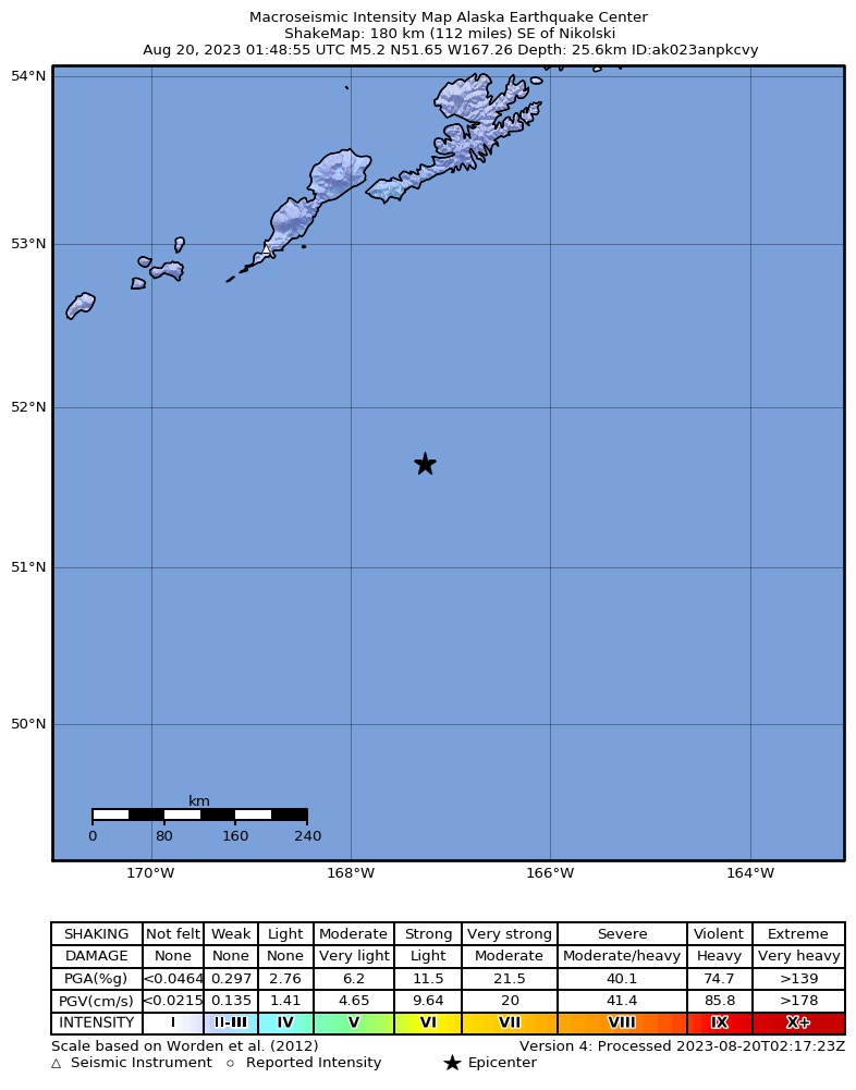USGS ShakeMap intensity contours for the M5.2 earthquake near 179 km SE of Nikolski, Alaska