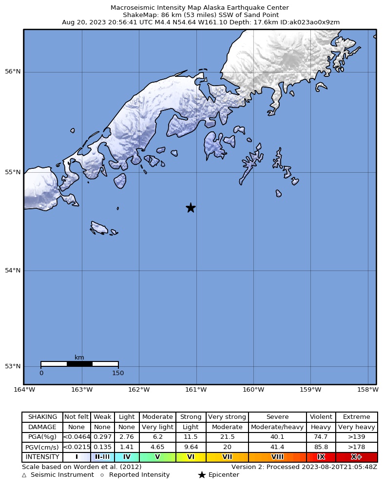 USGS ShakeMap intensity contours for the M4.5 earthquake near 79 km SSW of Sand Point, Alaska