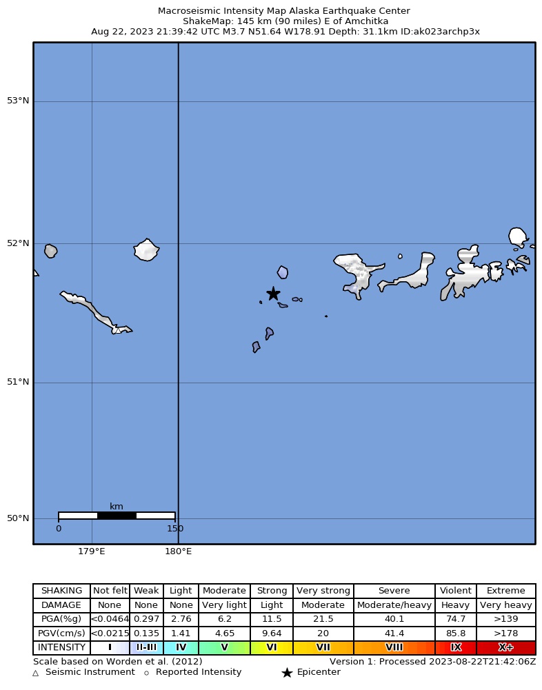 USGS ShakeMap intensity contours for the M3.8 earthquake near Rat Islands, Aleutian Islands, Alaska