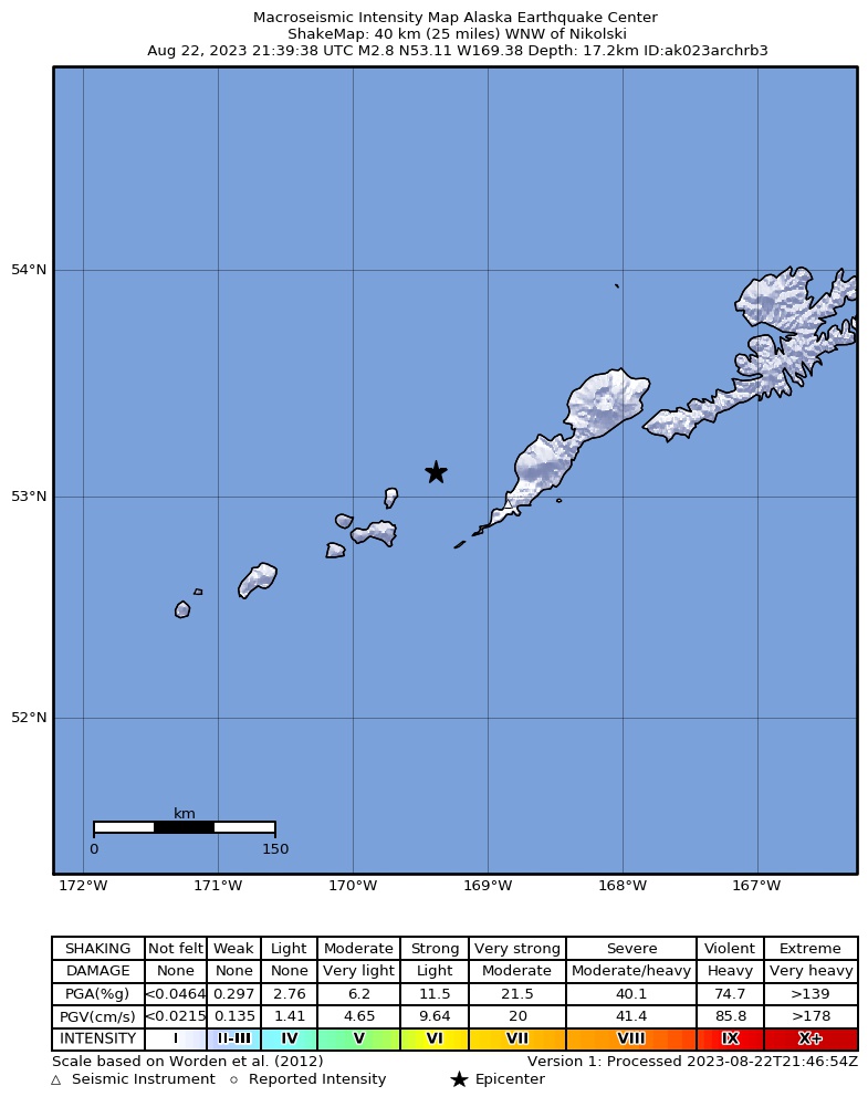 USGS ShakeMap intensity contours for the M3.3 earthquake near 59 km S of Nikolski, Alaska