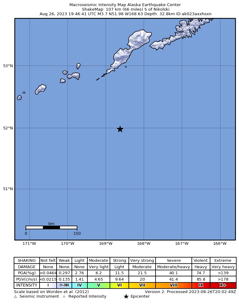 USGS ShakeMap intensity contours for the M4.1 earthquake near 88 km S of Nikolski, Alaska