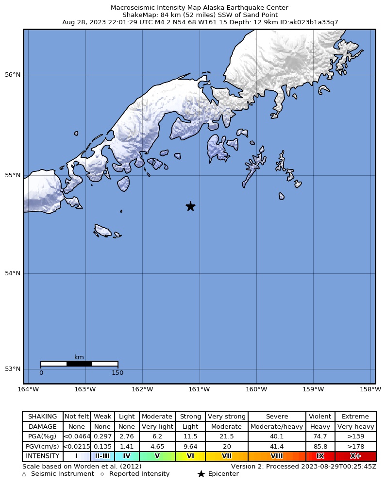 USGS ShakeMap intensity contours for the M4.6 earthquake near 78 km ESE of King Cove, Alaska