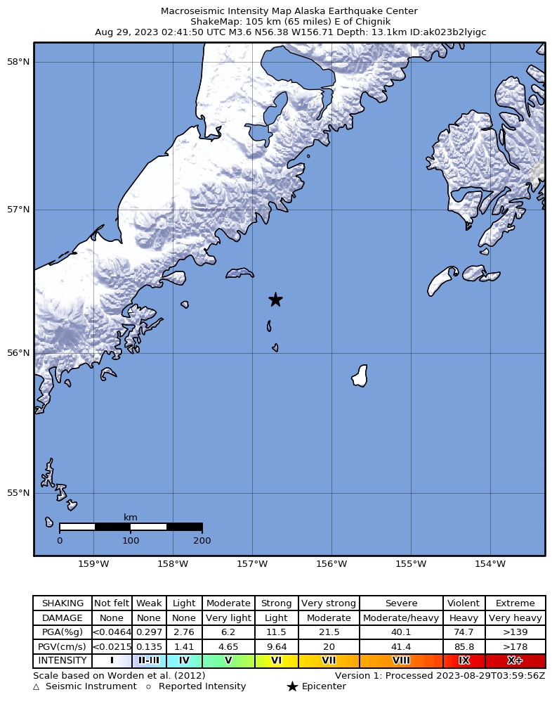USGS ShakeMap: estimated shaking intensity around the epicenter