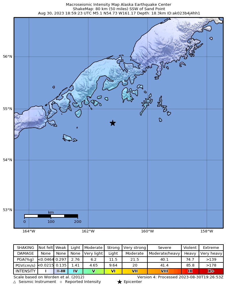 USGS ShakeMap intensity contours for the M5.1 earthquake near Alaska Peninsula