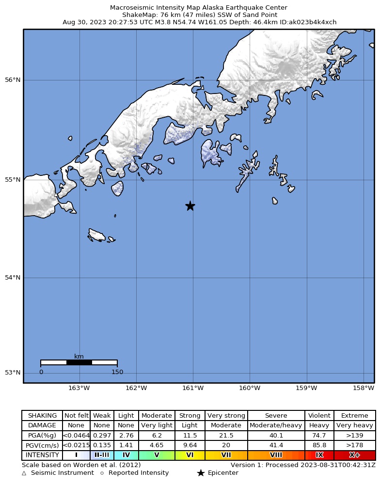 USGS ShakeMap intensity contours for the M4.1 earthquake near 74 km SSW of Sand Point, Alaska