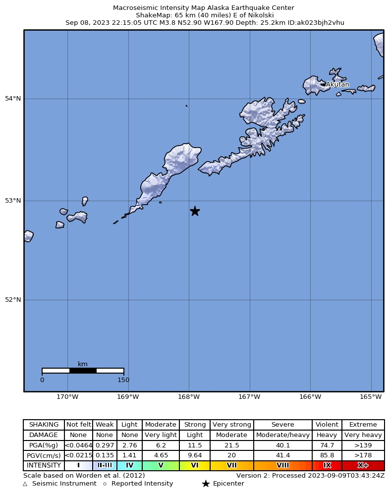 USGS ShakeMap intensity contours for the M3.6 earthquake near 64 km E of Nikolski, Alaska