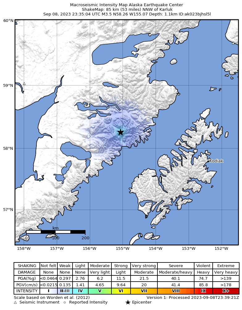 USGS ShakeMap intensity contours for the M3.1 earthquake near 85 km NNW of Karluk, Alaska