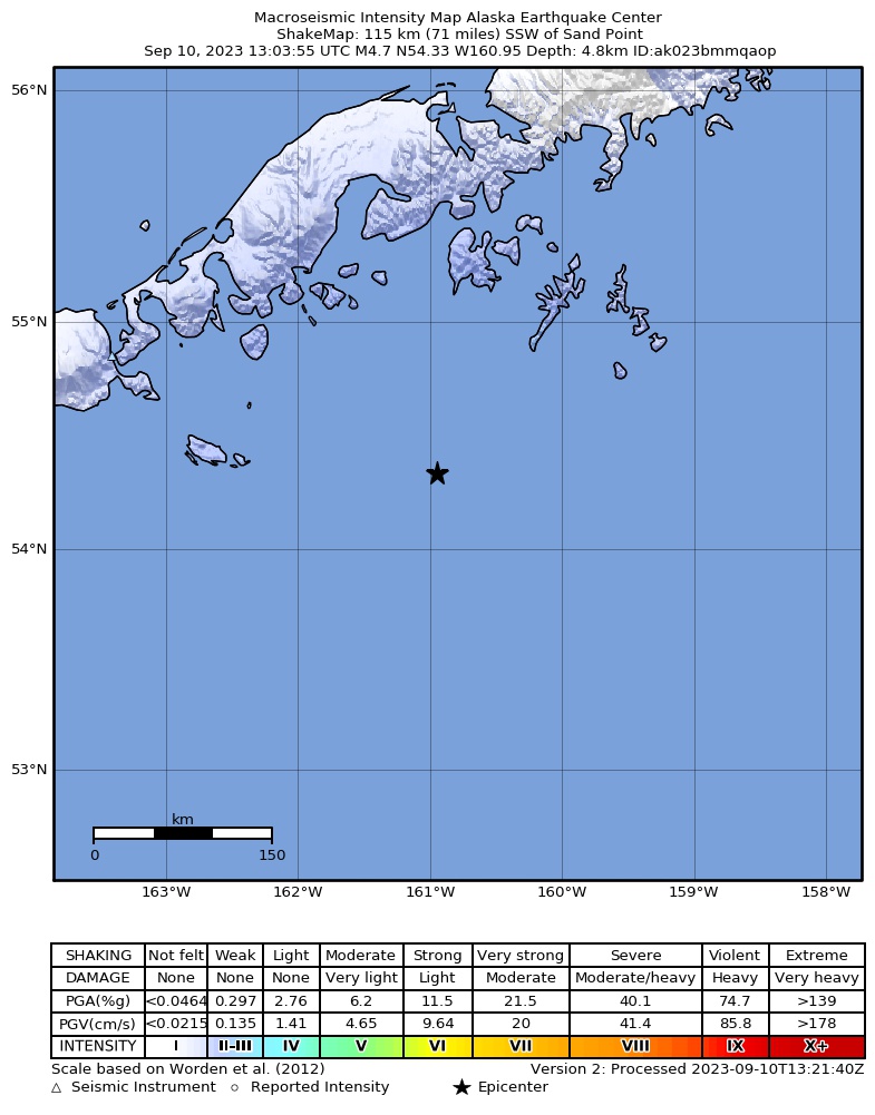 USGS ShakeMap intensity contours for the M5.0 earthquake near 121 km SSW of Sand Point, Alaska