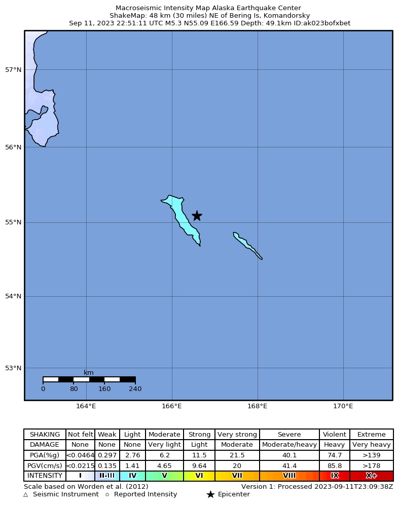 USGS ShakeMap intensity contours for the M5.3 earthquake near 260 km ESE of Ust’-Kamchatsk Staryy, Russia