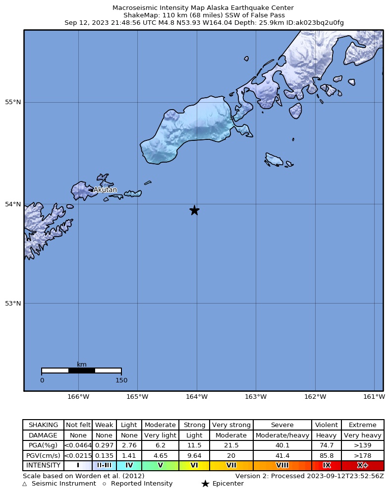 USGS ShakeMap intensity contours for the M4.9 earthquake near 108 km SSW of False Pass, Alaska