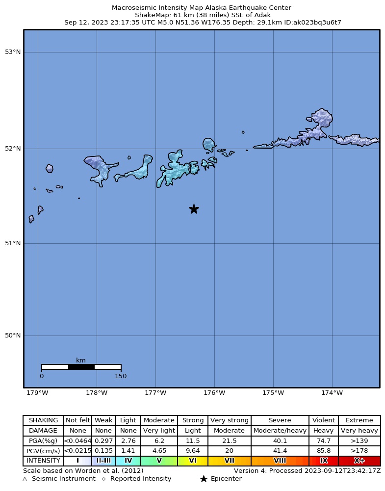 USGS ShakeMap intensity contours for the M5.0 earthquake near 44 km SSE of Adak, Alaska