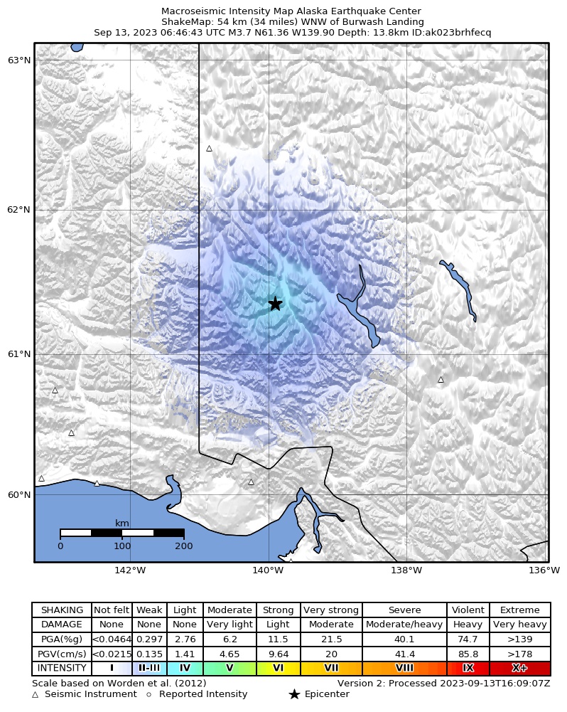 USGS ShakeMap: estimated shaking intensity around the epicenter