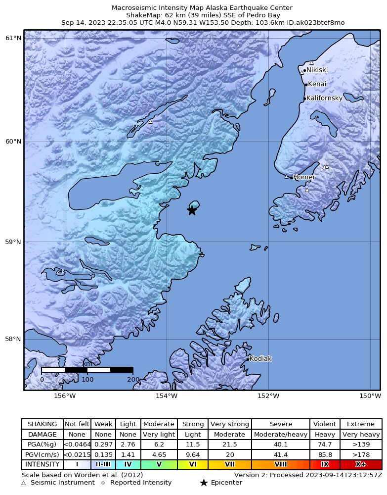 USGS ShakeMap intensity contours for the M4.4 earthquake near 62 km ESE of Pope-Vannoy Landing, Alaska