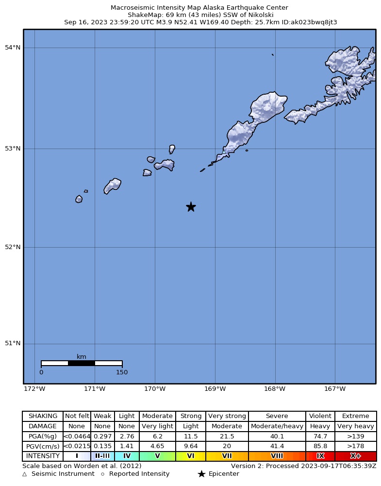 USGS ShakeMap intensity contours for the M4.1 earthquake near 70 km SW of Nikolski, Alaska
