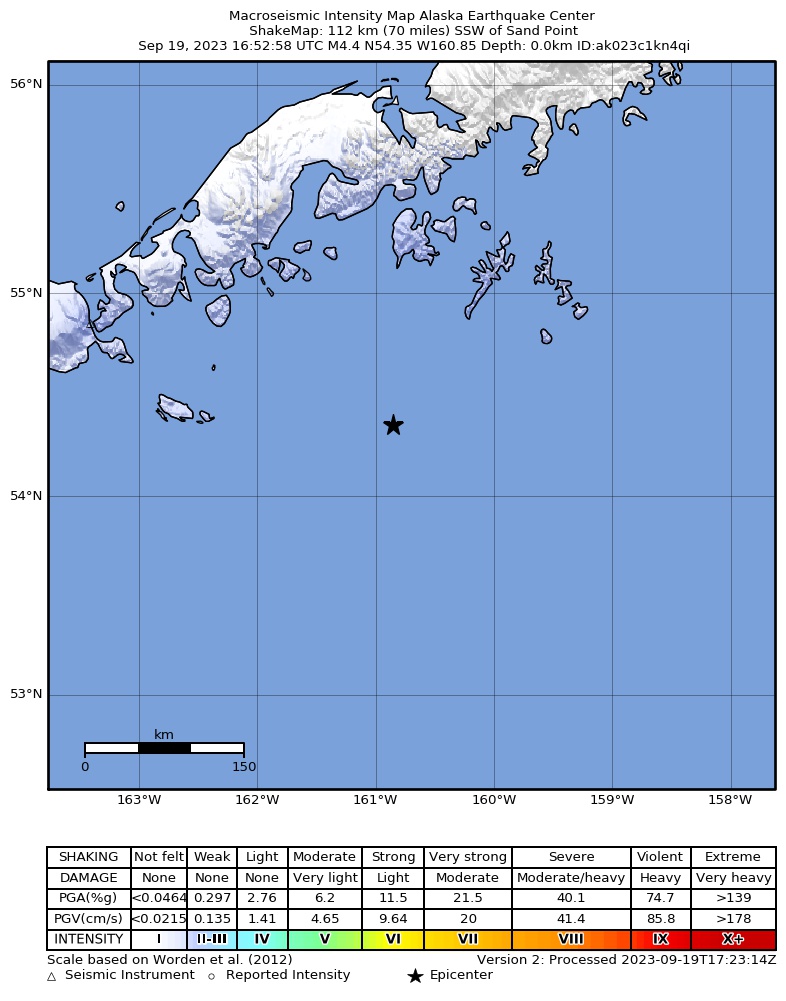 USGS ShakeMap intensity contours for the M4.4 earthquake near 111 km SSW of Sand Point, Alaska