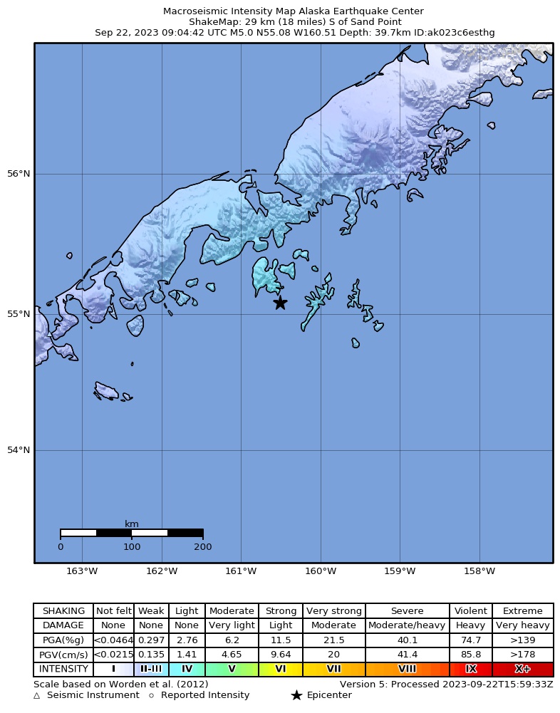 USGS ShakeMap intensity contours for the M5.0 earthquake near 48 km S of Sand Point, Alaska