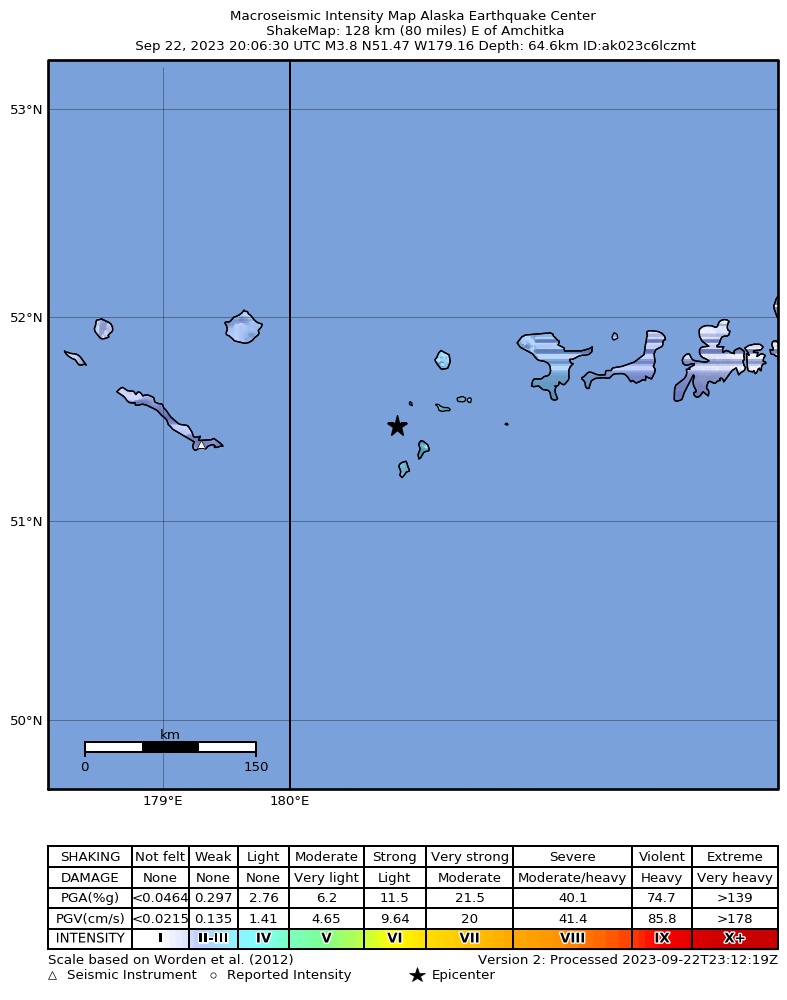 USGS ShakeMap intensity contours for the M3.8 earthquake near 184 km WSW of Adak, Alaska