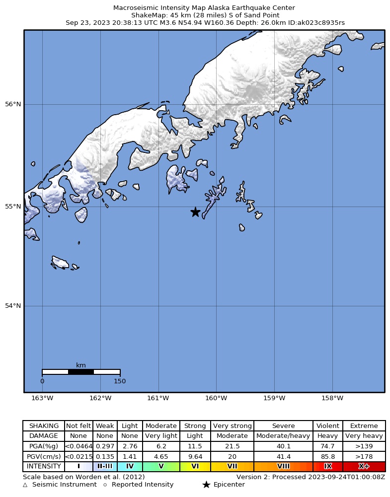 USGS ShakeMap intensity contours for the M3.8 earthquake near 36 km S of Sand Point, Alaska