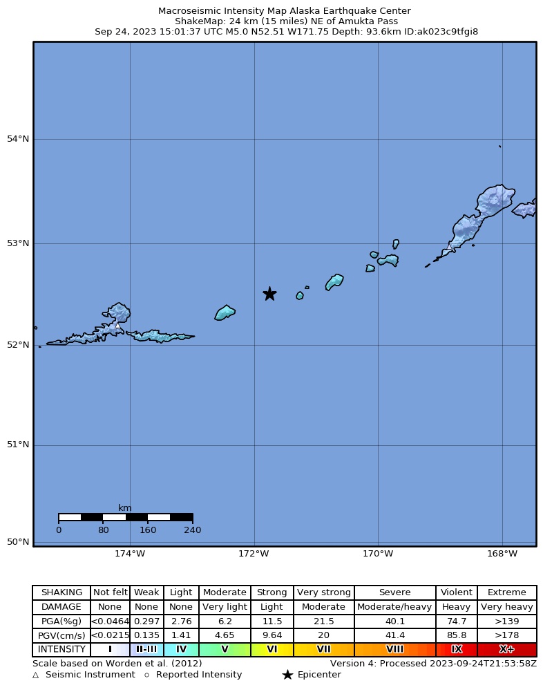 USGS ShakeMap intensity contours for the M5.0 earthquake near 172 km ENE of Atka, Alaska