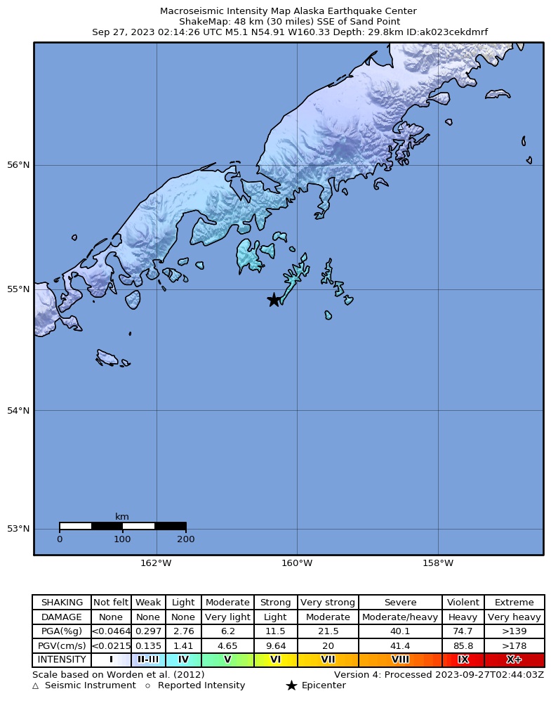 USGS ShakeMap intensity contours for the M4.7 earthquake near 40 km S of Sand Point, Alaska
