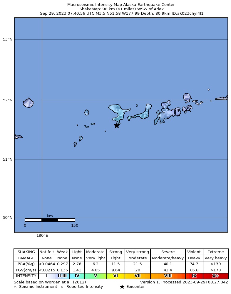 USGS ShakeMap: estimated shaking intensity around the epicenter