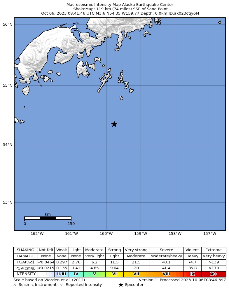 USGS ShakeMap: estimated shaking intensity around the epicenter