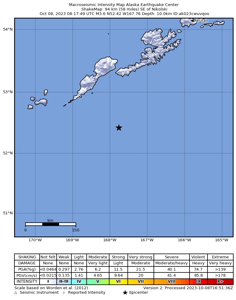 USGS ShakeMap: estimated shaking intensity around the epicenter