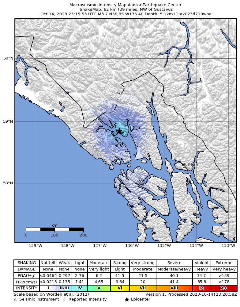 USGS ShakeMap intensity contours for the M3.5 earthquake near 68 km SSW of Covenant Life, Alaska