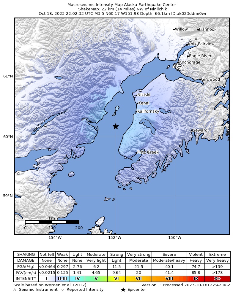 USGS ShakeMap intensity contours for the M3.5 earthquake near 22 km NW of Ninilchik, Alaska