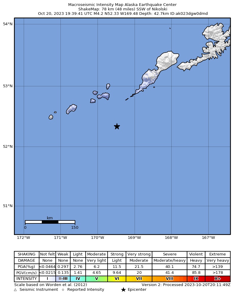 USGS ShakeMap intensity contours for the M4.5 earthquake near 87 km SSW of Nikolski, Alaska