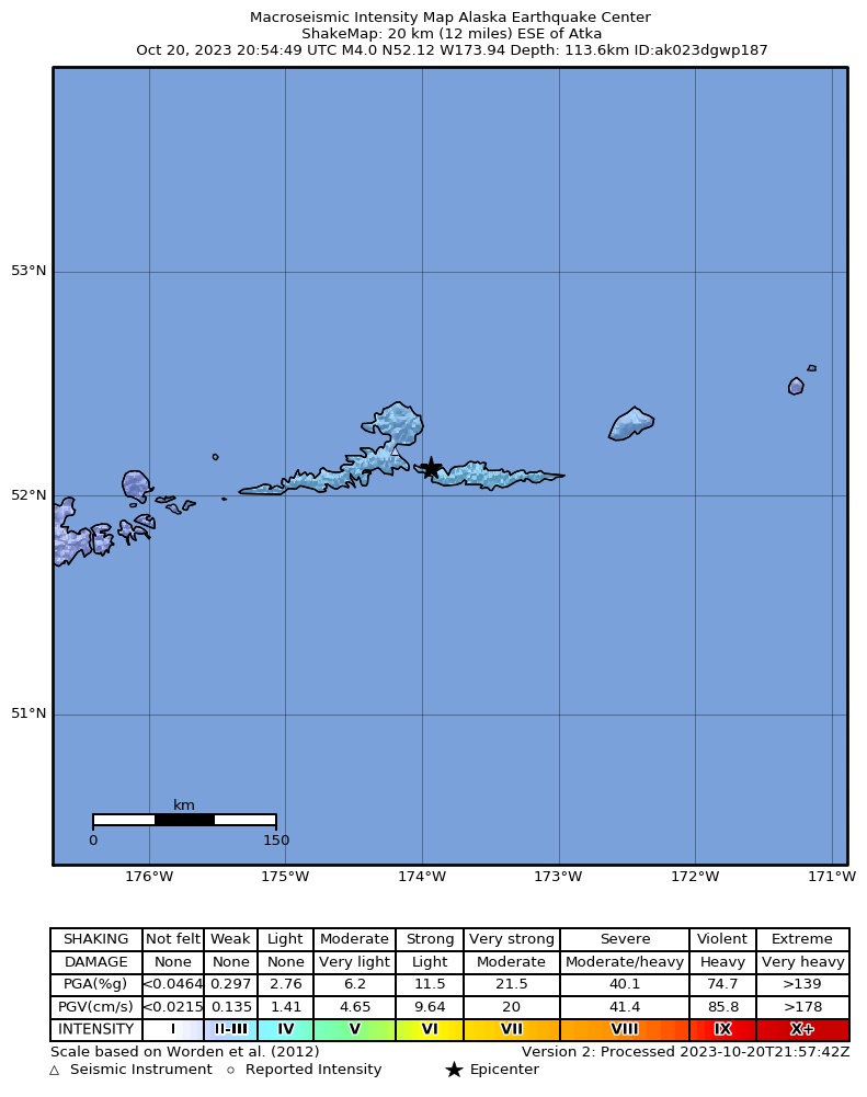 USGS ShakeMap intensity contours for the M4.1 earthquake near 26 km NNE of Atka, Alaska