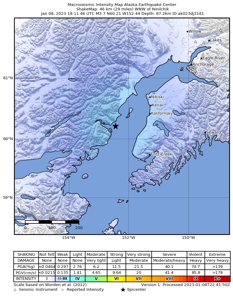 USGS ShakeMap intensity contours for the M3.6 earthquake near 46 km WNW of Ninilchik, Alaska