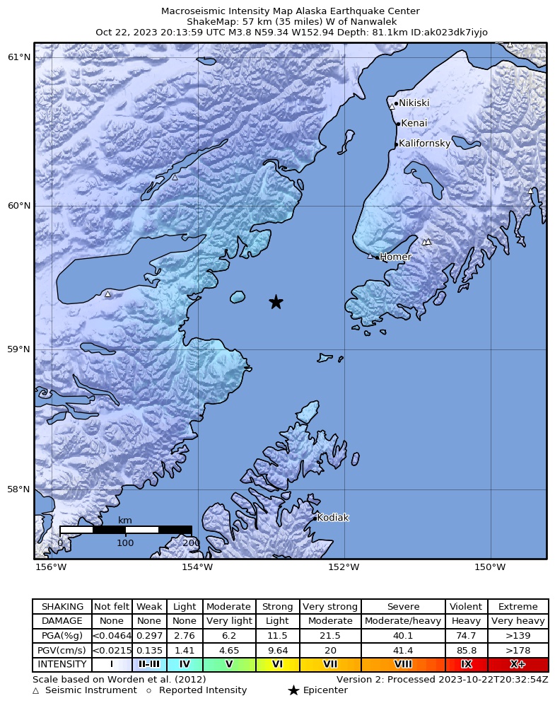 USGS ShakeMap intensity contours for the M3.8 earthquake near 59 km W of Nanwalek, Alaska