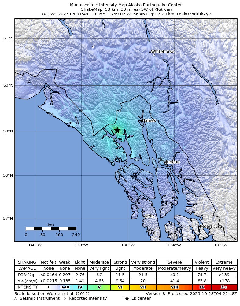 USGS ShakeMap intensity contours for the M5.1 earthquake near 50 km SSW of Covenant Life, Alaska