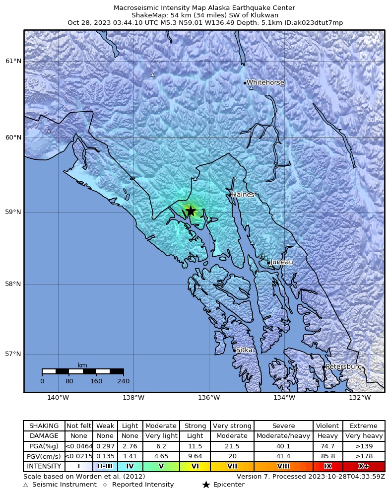 USGS ShakeMap intensity contours for the M5.3 earthquake near 55 km SSW of Covenant Life, Alaska