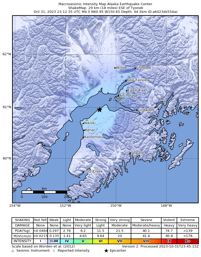 USGS ShakeMap intensity contours for the M4.0 earthquake near 3 km NNE of Point Possession, Alaska