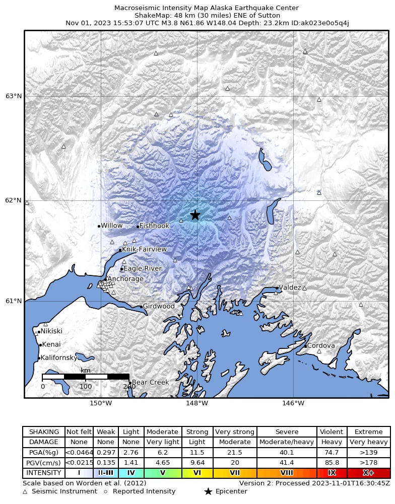 USGS ShakeMap intensity contours for the M3.7 earthquake near 21 km WNW of Glacier View, Alaska