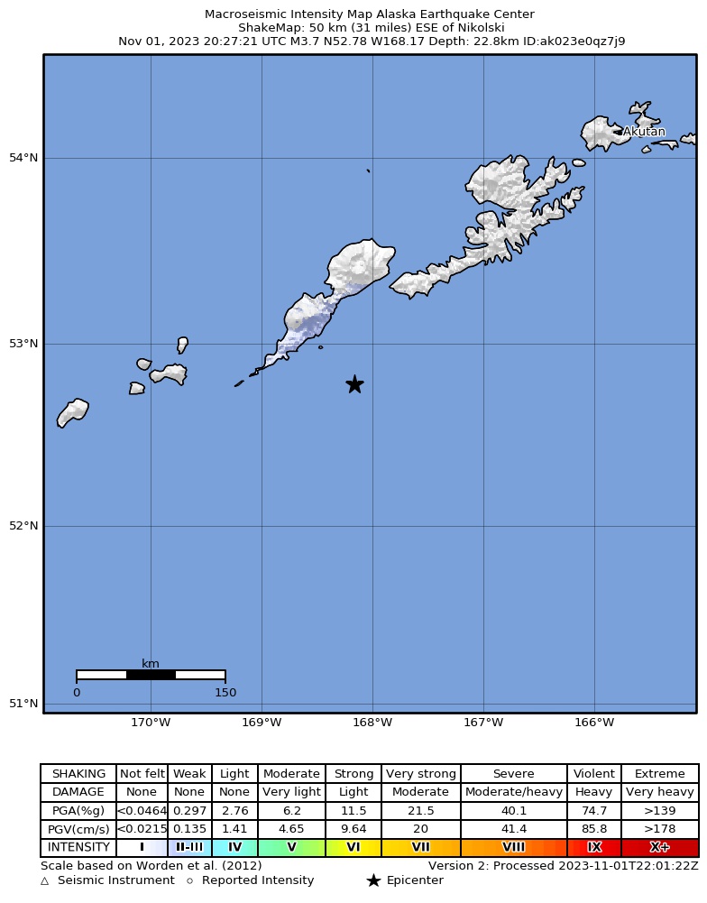 USGS ShakeMap intensity contours for the M3.8 earthquake near 42 km SE of Nikolski, Alaska