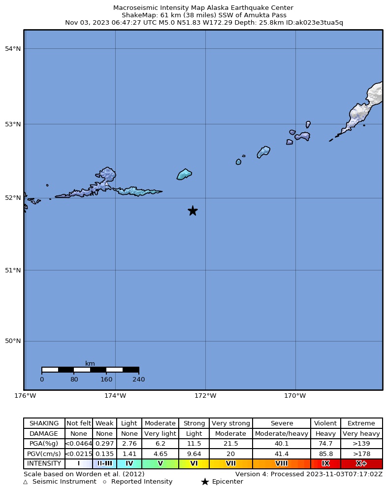 USGS ShakeMap intensity contours for the M5.0 earthquake near 129 km E of Atka, Alaska
