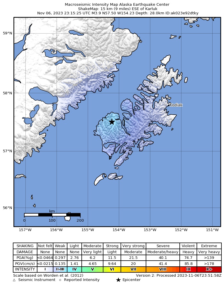 USGS ShakeMap intensity contours for the M3.9 earthquake near 15 km ESE of Karluk, Alaska