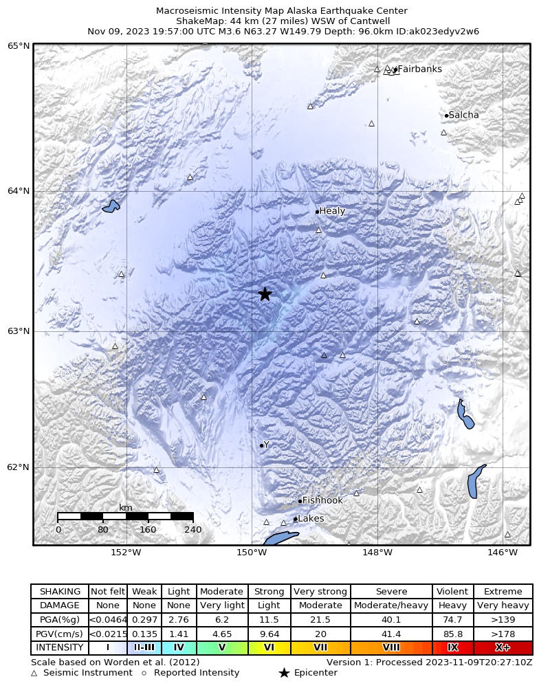 USGS ShakeMap intensity contours for the M3.6 earthquake near 44 km WSW of Cantwell, Alaska